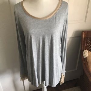 Soft Surroundings LS Gray Top W/ Lace Ruffle Cuffs, XL